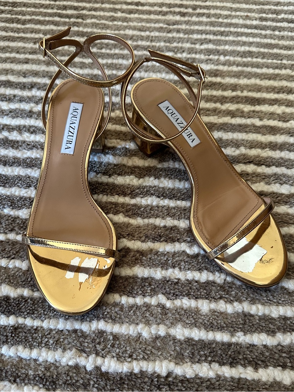 Aquazzura Metallic Gold Ankle-Strap Block Heel Sandals